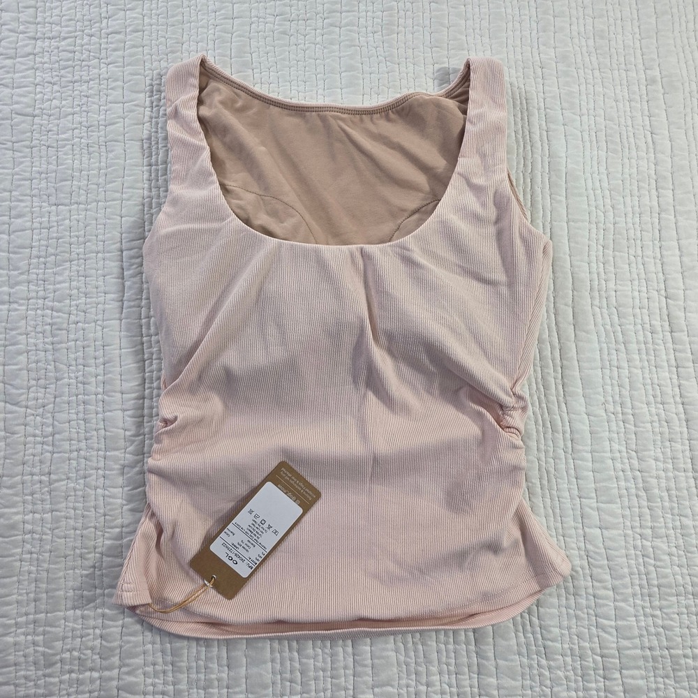 OGL Move Plantive Ribbed Tank Top Built-in Bra Blush Pink Ruched Side NWT Size M